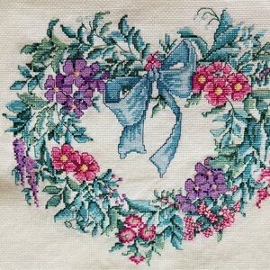 Vintage Finished Handstitched Cross Stitch Floral Heart Bow 14"x 14"
